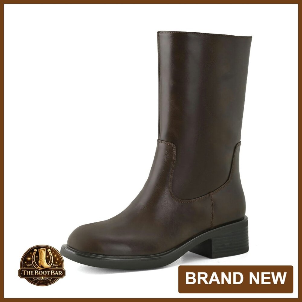 Women's Mid Calf Boots Slip On Block Heel Comfortable Casual Riding